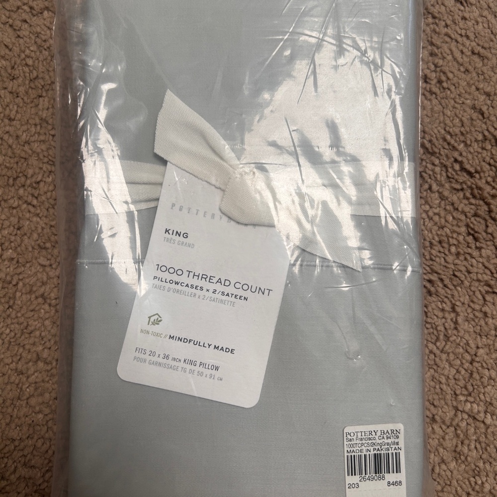 NEW Pottery Barn King 1000 thread count sateen pillowcases X2 Gray